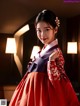 A woman in a red and blue hanbok poses for a picture.