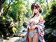 A woman in a kimono standing next to a river.