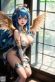 A woman with blue hair and angel wings sitting on a window sill.